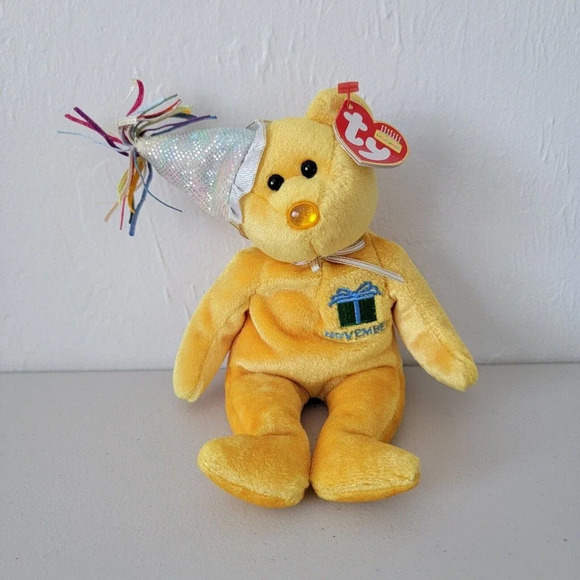 Ty Beanie Baby NOVEMBER the Birthday Teddy Bear 2002 Orange Bday Hat TAGS - Picture 1 of 8